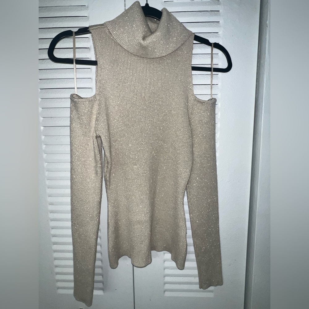 Beige Sparkle Cold-Shoulder Turtleneck Sweater